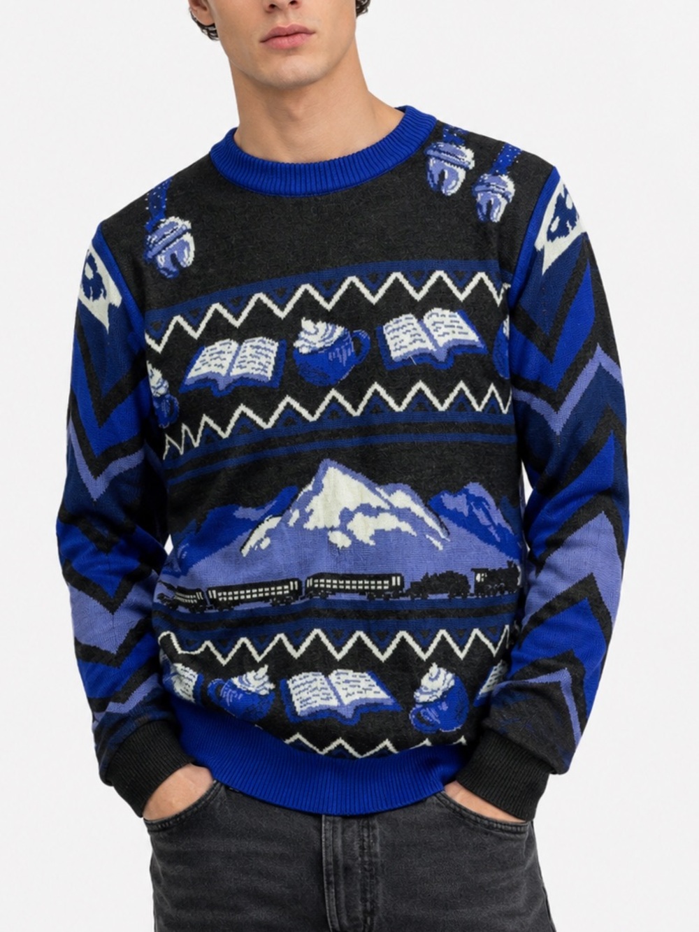 Thomas Sanders Men’s Blue Black Fair Isle Graphic Sweater Mountain Train Books S